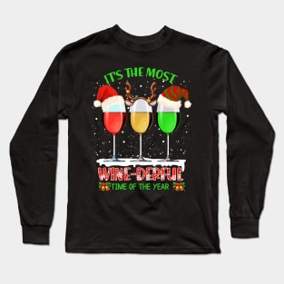 Wine Glass Wearing Santa Hat Reindeer Horn Christmas Gift For Wine Lover Long Sleeve T-Shirt